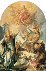 Drei Kapuzinerheilige und ein Bischof verehren Christus und das Kreuz