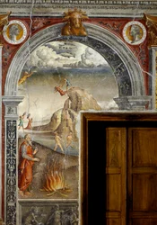 Sternzeichen: „Die Fische“ Oberes Medaillon mit Porträts von Kaiser Caracalla und seinem Bruder Geta. Unten, Legende zur Geburt der Konstellation, die dem Zeichen entspricht: Angelszene. Fresko zugeschrieben Giovanni Maria Falcon