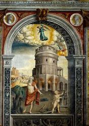 Sternzeichen: „Die Jungfrau“ Oberes Medaillon mit Porträts der Kaiser Titus und Domitian. Unten, Legende zur Geburt der Konstellation, die dem Zeichen entspricht: ein Mann trinkt vor dem Mausoleum von Theoderich in Ravenna. F