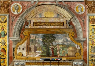 Sternzeichen: „Die Waage“ mit Medaillons der Kaiser Hadrian und Antoninus Pius. Szene mit Bacchus. Fresko von Giovanni Maria Falconetto (1520)