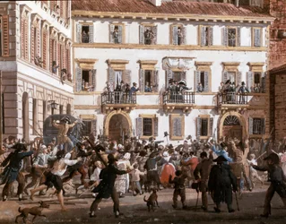 General Domenico Pino hält eine Ansprache an Aufständische auf dem Platz des Teatro dei Filodrammatici in Mailand am 20.04.1811