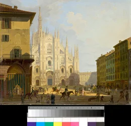 Blick auf die Piazza Duomo in Mailand, Italien (Domplatz in Mailand) Gemälde von Giovanni Migliara (1785-1837) 1828 Private Sammlung