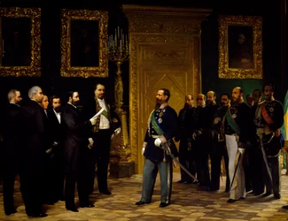 Annexion Italiens präsentiert an Viktor Emanuel II. von toskanischen Delegierten, von Giovanni Mochi, Ära der Vereinigung, Italien