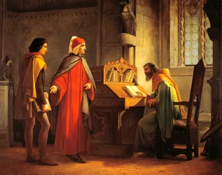 Dante Alighieri stellt Giotto Guido da Polenta vor, von Giovanni Mochi, Öl auf Holz