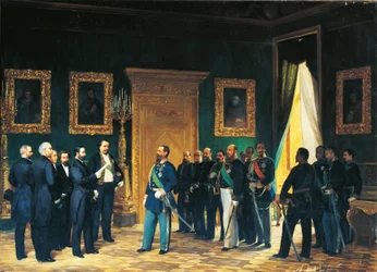 Zweiter Unabhängigkeitskrieg - Viktor Emanuel von Savoyen empfängt toskanische Gesandte mit dem Dekret der Annexion der Toskana an das italienische Königreich