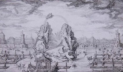 Feuerwerk zur Feier der Geburt des Dauphin (Sohn von Ludwig XV) graviert von Jean Dumont (Le Romain) (1701-81) 1730