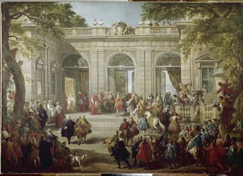 Karl III. von Spanien oder Karl von Bourbon, König von Neapel (Carlo Borbone) (1716-1788), besucht Papst Benedikt XIV. im Kaffeehaus des Quirinalspalastes (Quirinal). Gemälde (1691-1765), 1746. Neapel, Museo Nazionale di Capodimonte