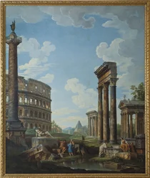 Ein Capriccio mit Figuren in römischen Ruinen, darunter der Konstantinsbogen und das Pantheon, das Kolosseum und die Trajanssäule
