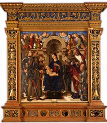 Pala Oliva. Madonna und Kind auf dem Thron zwischen den Heiligen Georg, Franz von Assisi…