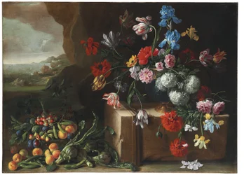 Chrysanthemen, Tulpen, Schwertlilien und andere Blumen und Früchte in einer Landschaft