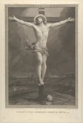Christus am Kreuz, ein Schädel an der Basis