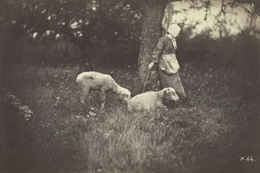 Hirtin, die sich an einen Baum lehnt, mit zwei Schafen, 1870