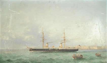 Das Schlachtschiff HMS Inflexible auf dem Weg zur See vom Grand Harbour, Valetta