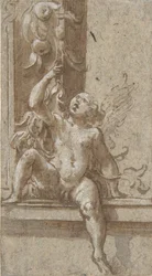 Ein Putto sitzt auf einem Rahmen, ca. 1538-40