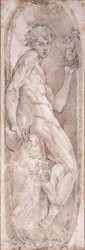 Adam hält einen Apfel, sitzend, in einem Medaillon, ca. 1547-1553