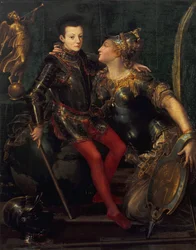 Allegorisches Porträt von Parma, das Alessandro Farnese umarmt, 1556