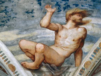 Männlicher Akt, Detail der Fresken von Girolamo Romanino, im Auftrag von Bernardo Clesio