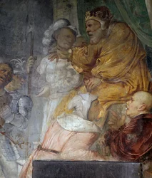 Nebukadnezar, Detail aus dem Wunder der drei Gefährten Daniels, Fresko von Girolamo Romanino, Detail der rechten Wand der Kirche des Heiligen Antonius Abt, Breno, Italien