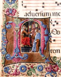Dekorierte Buchstaben, die Jesus Christus vor Pontius Pilatus darstellen. Miniatur von Girolamo da Cremona und Liberale da Verona aus einem Chorbuch der Kathedrale von Siena. 15. Jahrhundert