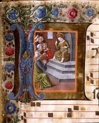 Illuminierte Initiale, die das Christkind und die Ärzte darstellt. Miniatur von Girolamo da Cremona (aktiv um 1451-1483) und Liberale da Verona (1445-1529) aus einem Chorbuch (Cod. 19/4. c.13.) aus der Kathedrale von Siena. 15. Jahrhundert