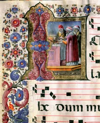 Miniaturszene eines Opfers von Girolamo da Cremona (aktiv um 1451-1483) aus einem Chorbuch (Cod. 10/L. c.114v.) aus der Kathedrale von Siena. 15. Jahrhundert Kathedrale (Duomo) von Siena, Italien