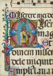 Buchmalerei mit dem betenden David in einer Initiale M, aus einem Psalter, italienisch, 1501-2.