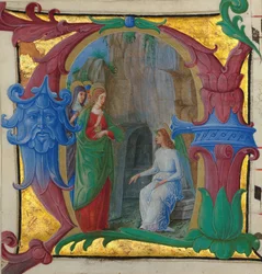 Buchmalerei mit den heiligen Frauen am Grab in einer Initiale A..., italienisch, um 1490-1500.