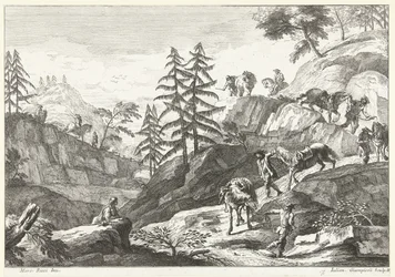 Berglandschaft mit Reitern, die Pferde bergab führen