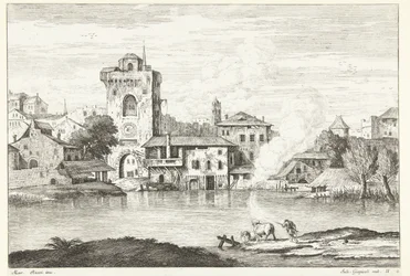 Ansicht einer Stadt mit Turm am Wasser