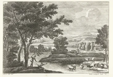 Landschaft mit Hirten und Vieh am Wasser