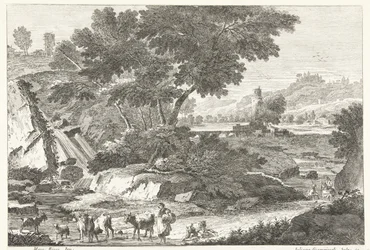 Landschaft mit Hirten und Vieh bei einem Wasserfall