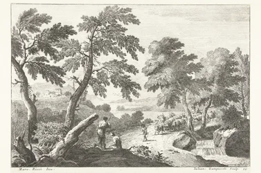 Landschaft mit Hirten auf dem Weg entlang eines kleinen Wasserfalls (Italiaanse landschappen)