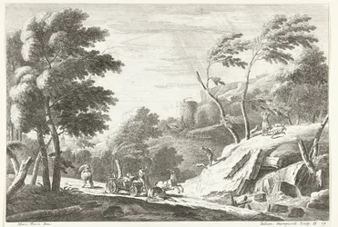 Landschaft mit Gewitter und erschrockenen Tieren bei einem kleinen Wasserfall