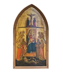 Thronende Madonna mit Kind unter vier Engeln und Heiligen
