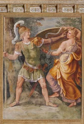 Thetis übergibt Achilles die von Hephaistos (Vulkan) geschmiedeten Waffen, Das Trojanische Pferd, Kammer von Troja (Sala di Troia)