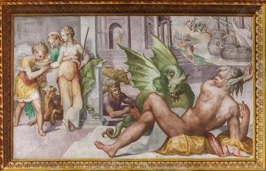 Circe verwandelt die Gefährten des Odysseus in Monster, aus der Halle der Circe, Rocca dei Rossi, San Secondo, Parma, Italien