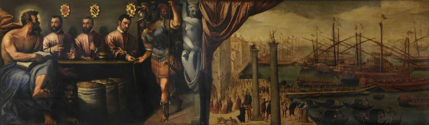 Der heilige Markus hilft drei Magistraten bei der Rekrutierung der Miliz für die Flotte, um 1586
