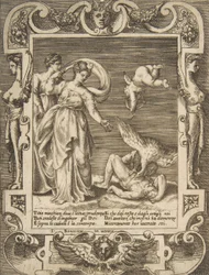 Ein Geier frisst die Eingeweide des Titius, Amor über zwei Frauen links, 1531-76