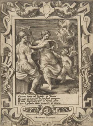 Athena sitzt neben Juno, die Cupidos Pfeile weggenommen hat, in einem aufwendigen Rahmen, 1531-76