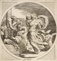 Circe trinkt aus einem Becher mit den Gefährten des Odysseus in einem Boot links, ein Kreis, 1531-1576