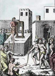 Todesstrafe: die Hinrichtung eines Todesurteils mit dem Vorläufer der Guillotine (Mannaia) in Italien, entworfen von Achille Bocchi, 1555 (Gravur von Giulio Buonasone)