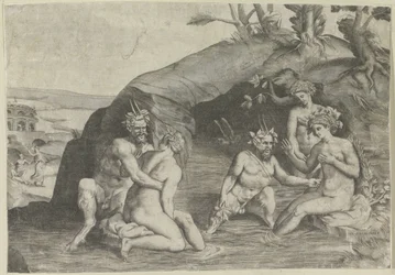 Drei Nymphen und zwei Satyrn beim Baden
