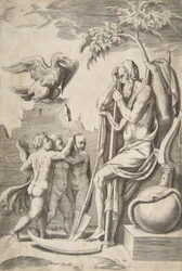 Vater Zeit rechts, an einer Sense lehnend, drei nackte Jungen und Adler links, 1531-76