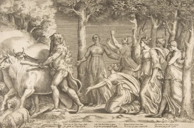 Herkules vertreibt das Vieh des Geryon, rechts sind die Nymphen der Hesperiden, 1531-76