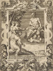 Juno links bittet Jupiter, den Griechen zu helfen, in einem aufwendigen Rahmen, 1531-76