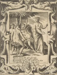 Juno rechts, die zu den Schicksalsgöttinnen spricht, in einem aufwendigen Rahmen, 1531-76