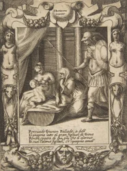 Juno überredet Athena, den jungen Herkules zu stillen, in einem aufwendigen Rahmen, aus