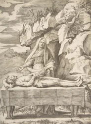 Pieta, Christus ausgestreckt auf einem Tisch in einer Landschaft, die Jungfrau dahinter stehend, 1531-76