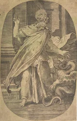 St. Paul überwindet die Viper, in einer architektonischen Umgebung, eine ovale Komposition, ca. 1540-70