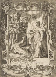 Tantalus links spricht mit Diana rechts, in einem aufwendigen Rahmen